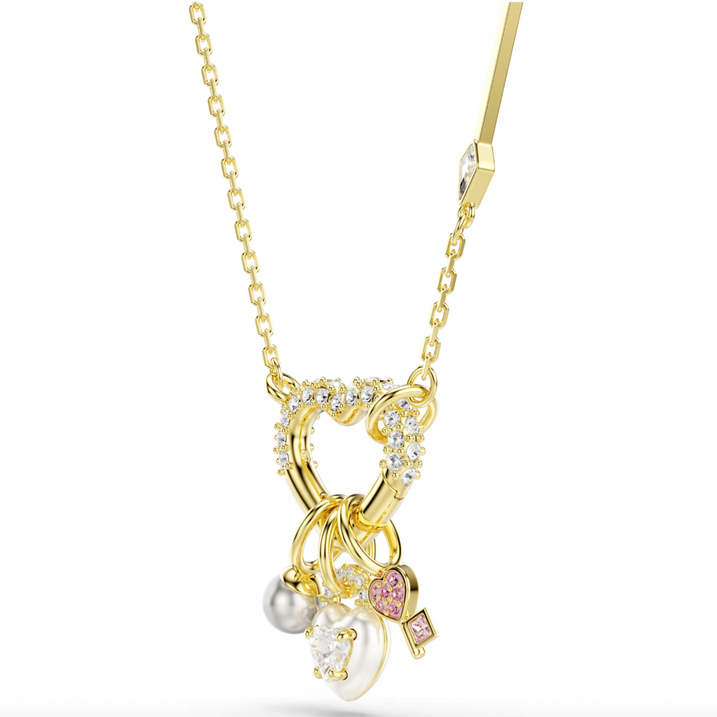 Idyllia: White/Pink Mixed Cuts Heart & Key Gold Pendant