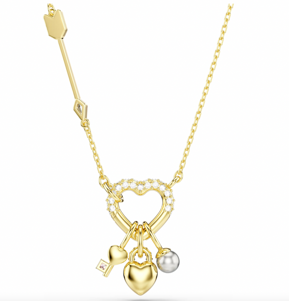 Idyllia: White/Pink Mixed Cuts Heart & Key Gold Pendant