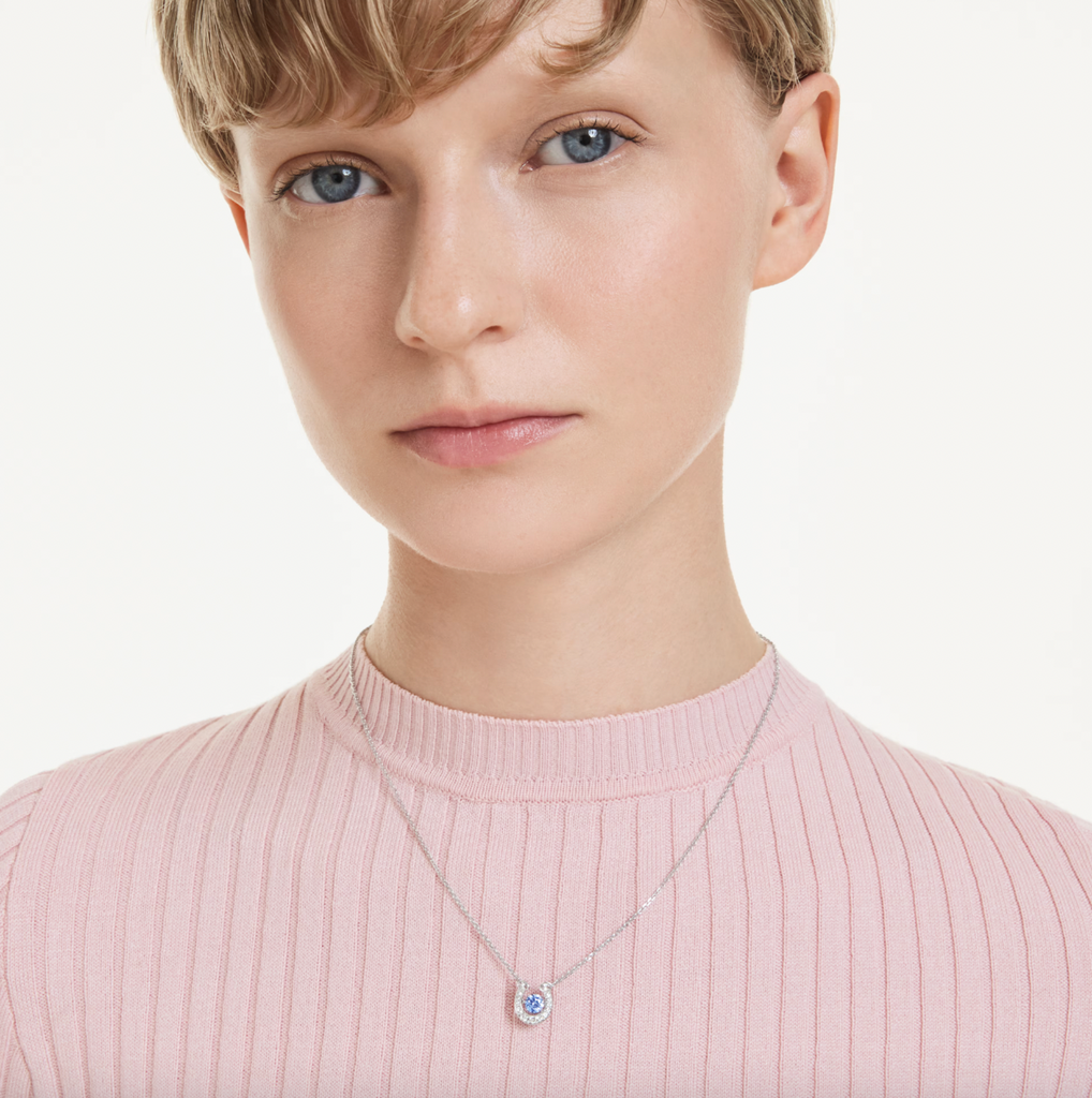 Symbolica: Pave Blue Round Cut Horseshoe Silver Necklace