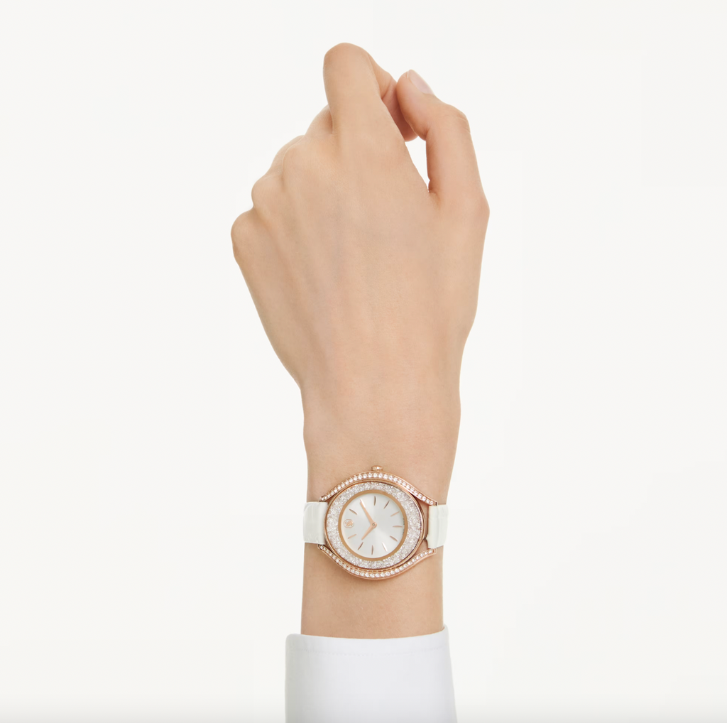 Crystalline Aura: White Leather Strap with Rosegold Tone Watch