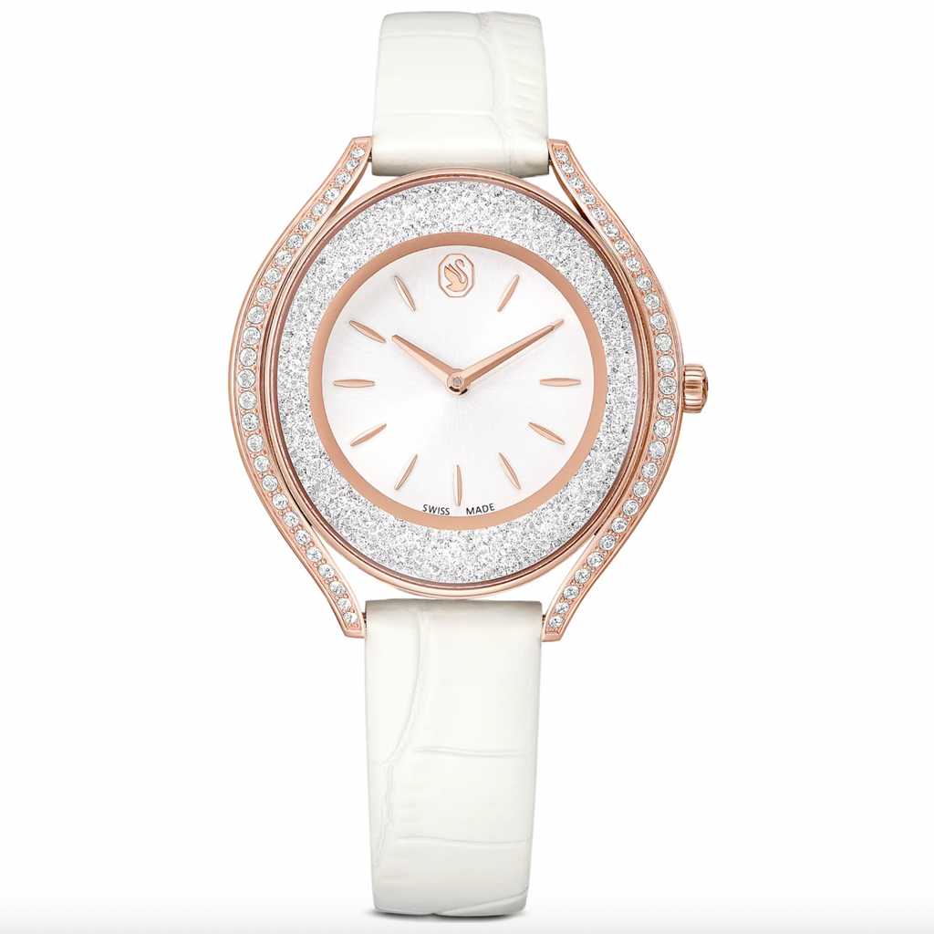 Crystalline Aura: White Leather Strap with Rosegold Tone Watch