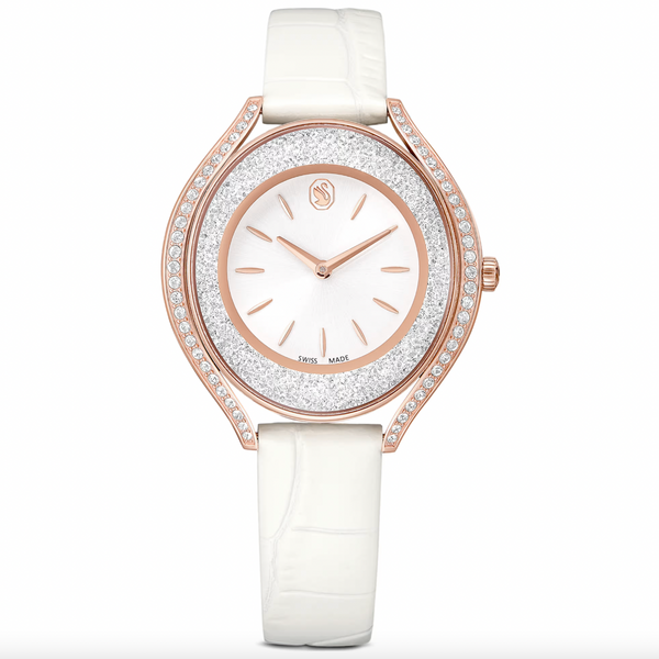 Crystalline Aura: White Leather Strap with Rosegold Tone Watch