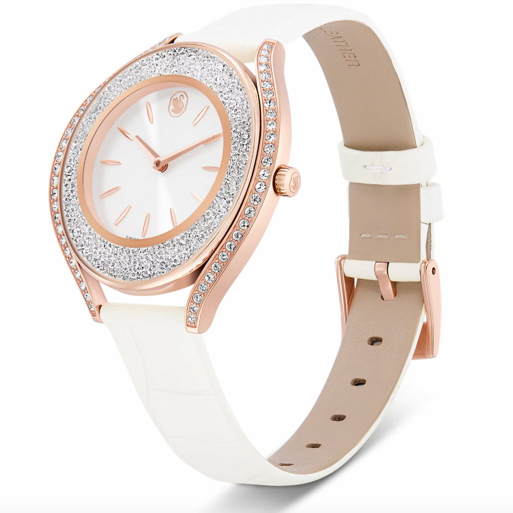 Crystalline Aura: White Leather Strap with Rosegold Tone Watch