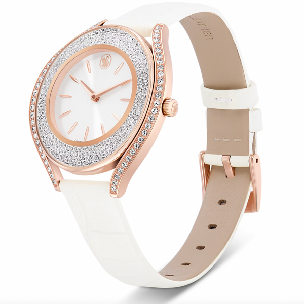 Crystalline Aura: White Leather Strap with Rosegold Tone Watch