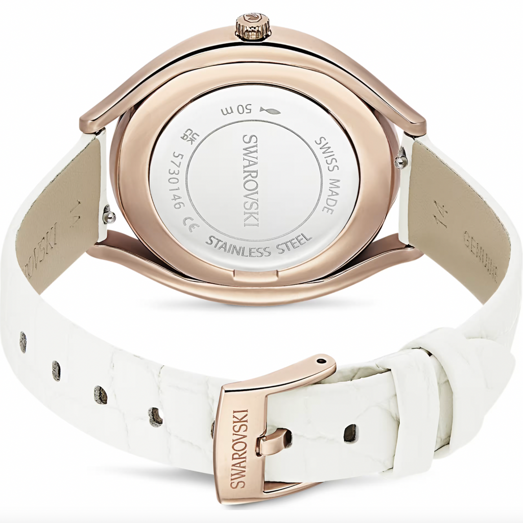 Crystalline Aura: White Leather Strap with Rosegold Tone Watch