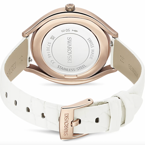 Crystalline Aura: White Leather Strap with Rosegold Tone Watch