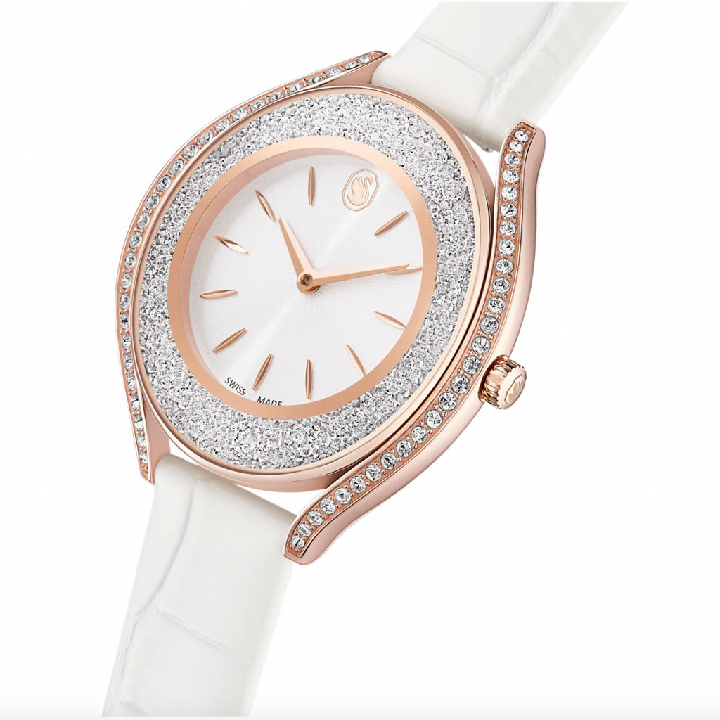 Crystalline Aura: White Leather Strap with Rosegold Tone Watch