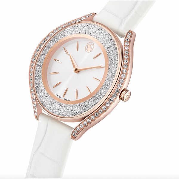 Crystalline Aura: White Leather Strap with Rosegold Tone Watch