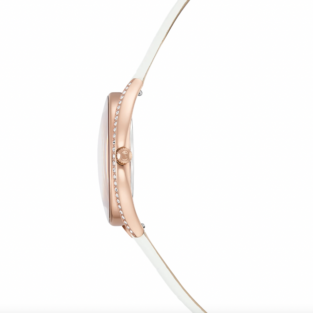 Crystalline Aura: White Leather Strap with Rosegold Tone Watch