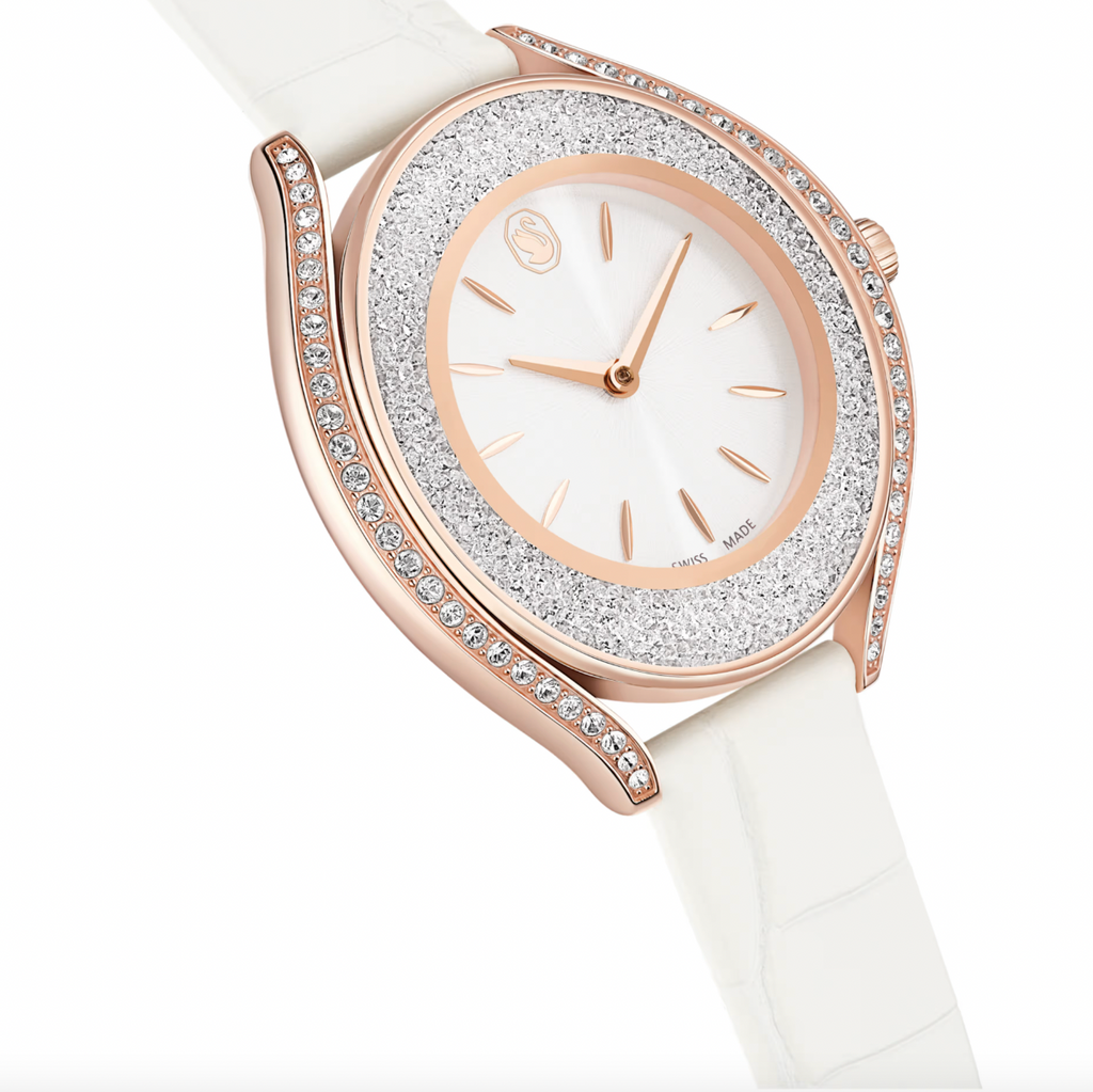 Crystalline Aura: White Leather Strap with Rosegold Tone Watch