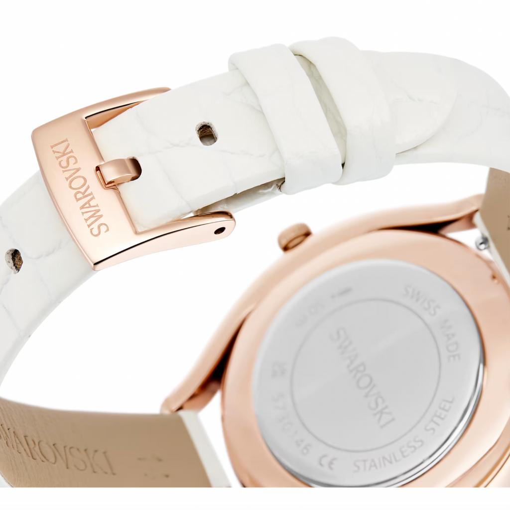 Crystalline Aura: White Leather Strap with Rosegold Tone Watch