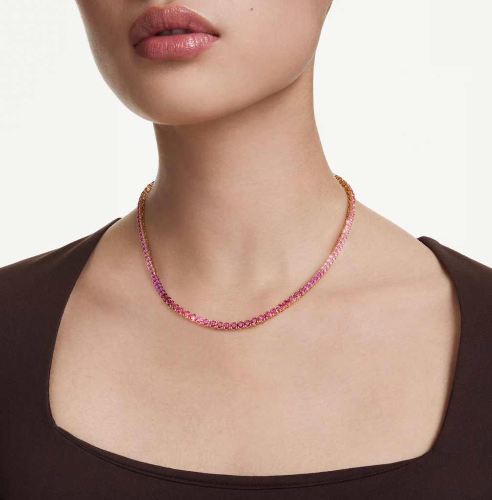 Matrix: Pink Round Cut Gold Tennis Necklace