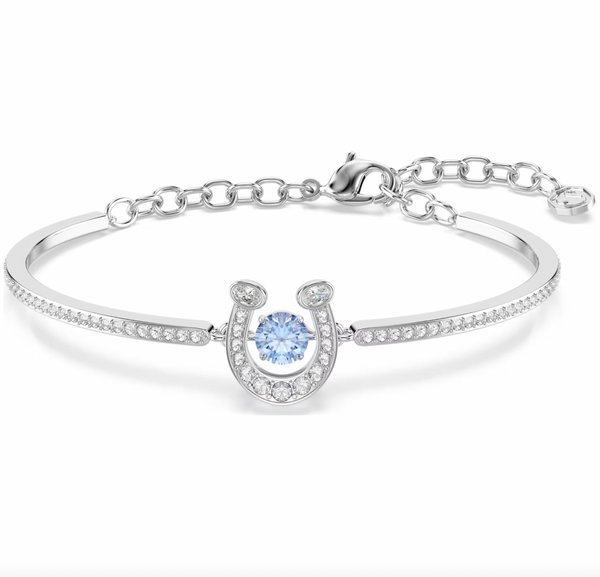 Symbolica: Blue Round Cut Pave Horseshoe Silver Bangle