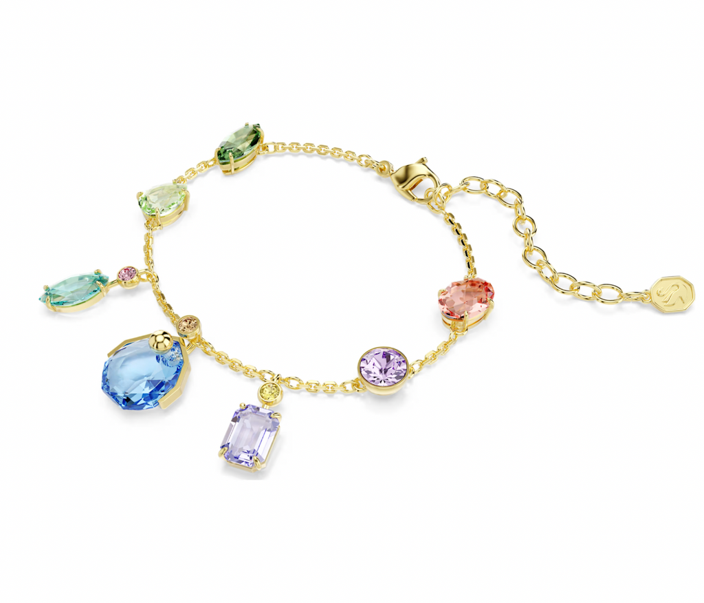 Gema: Multicoloured Mixed Cuts Dangling Crystals Gold Bracelet