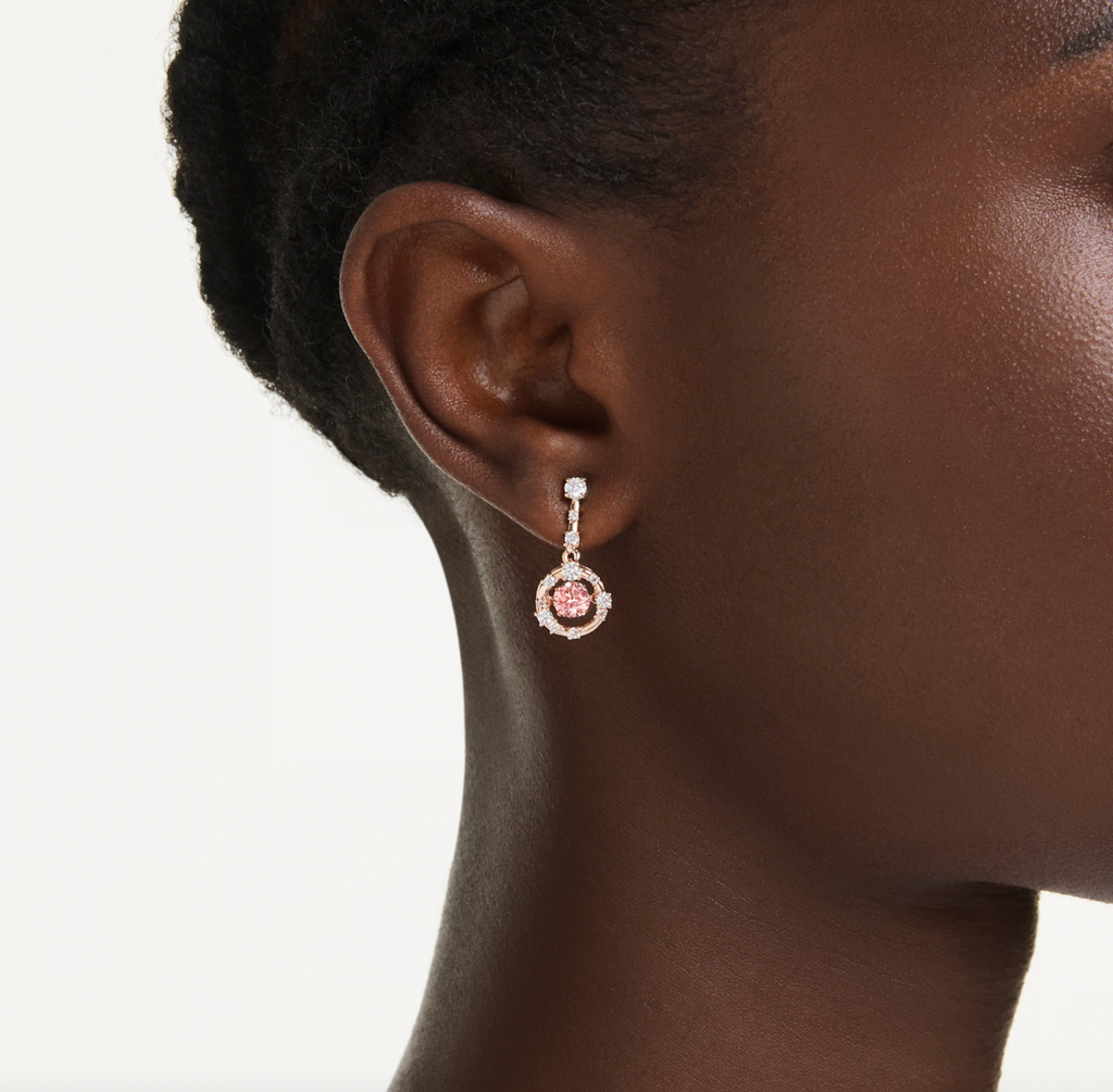 Constella: Pink Round Cut Dancing Stone Rosegold Drop Earrings