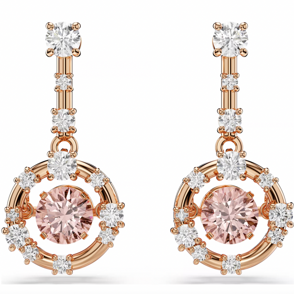 Constella: Pink Round Cut Dancing Stone Rosegold Drop Earrings