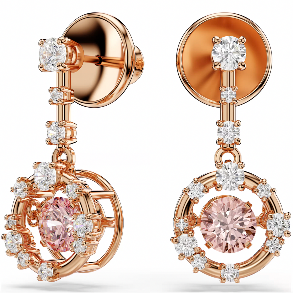 Constella: Pink Round Cut Dancing Stone Rosegold Drop Earrings