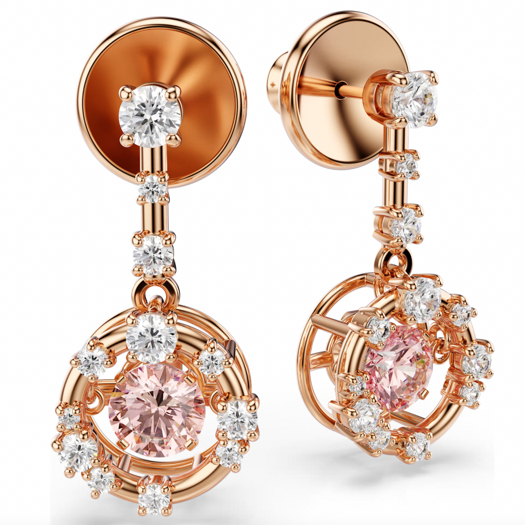 Constella: Pink Round Cut Dancing Stone Rosegold Drop Earrings