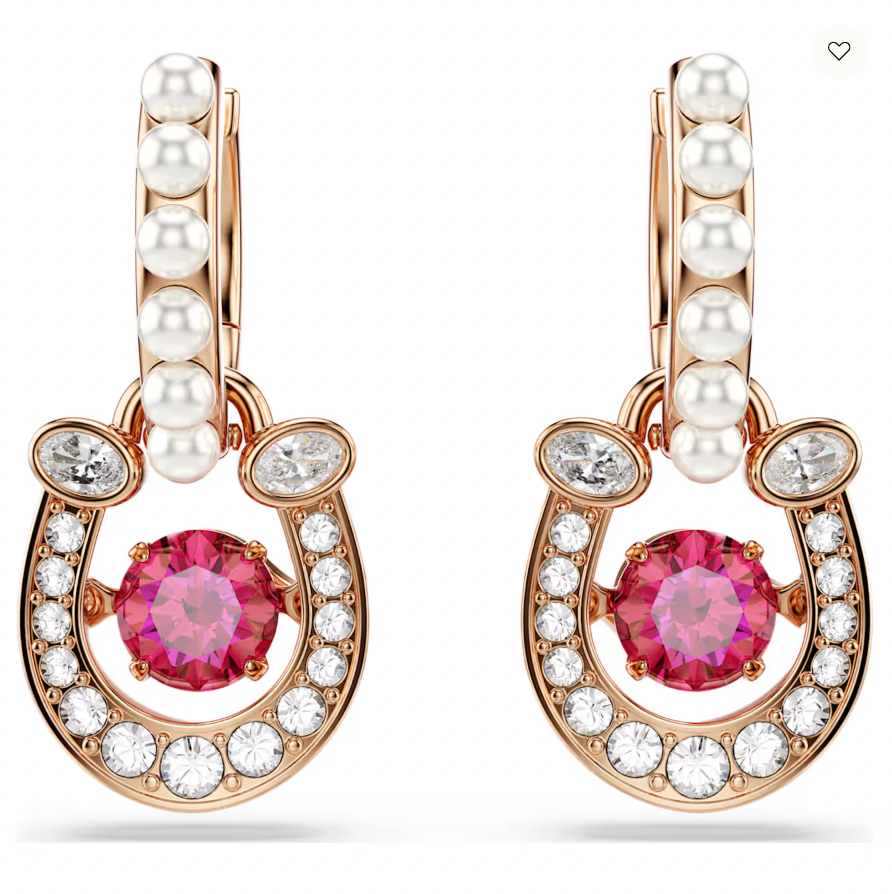 Symbolica: Pave Red Round Cut Horseshoe Rosegold Drop Earrings w/ Crystal Peals