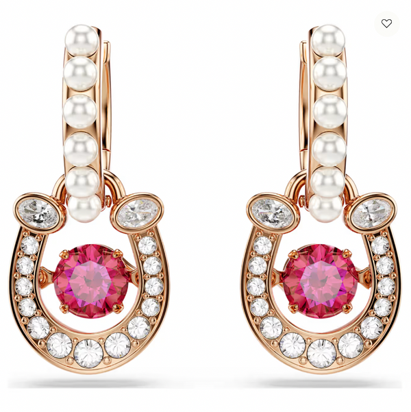 Symbolica: Pave Red Round Cut Horseshoe Rosegold Drop Earrings w/ Crystal Peals