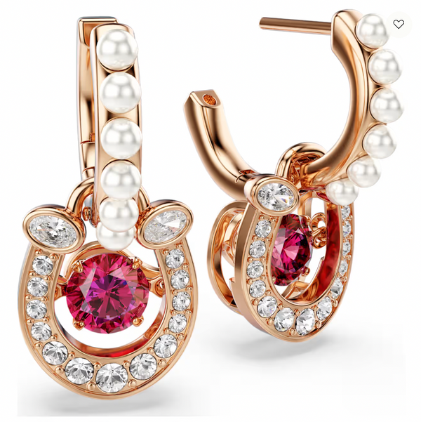Symbolica: Pave Red Round Cut Horseshoe Rosegold Drop Earrings w/ Crystal Peals