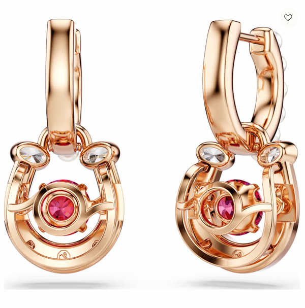 Symbolica: Pave Red Round Cut Horseshoe Rosegold Drop Earrings w/ Crystal Peals