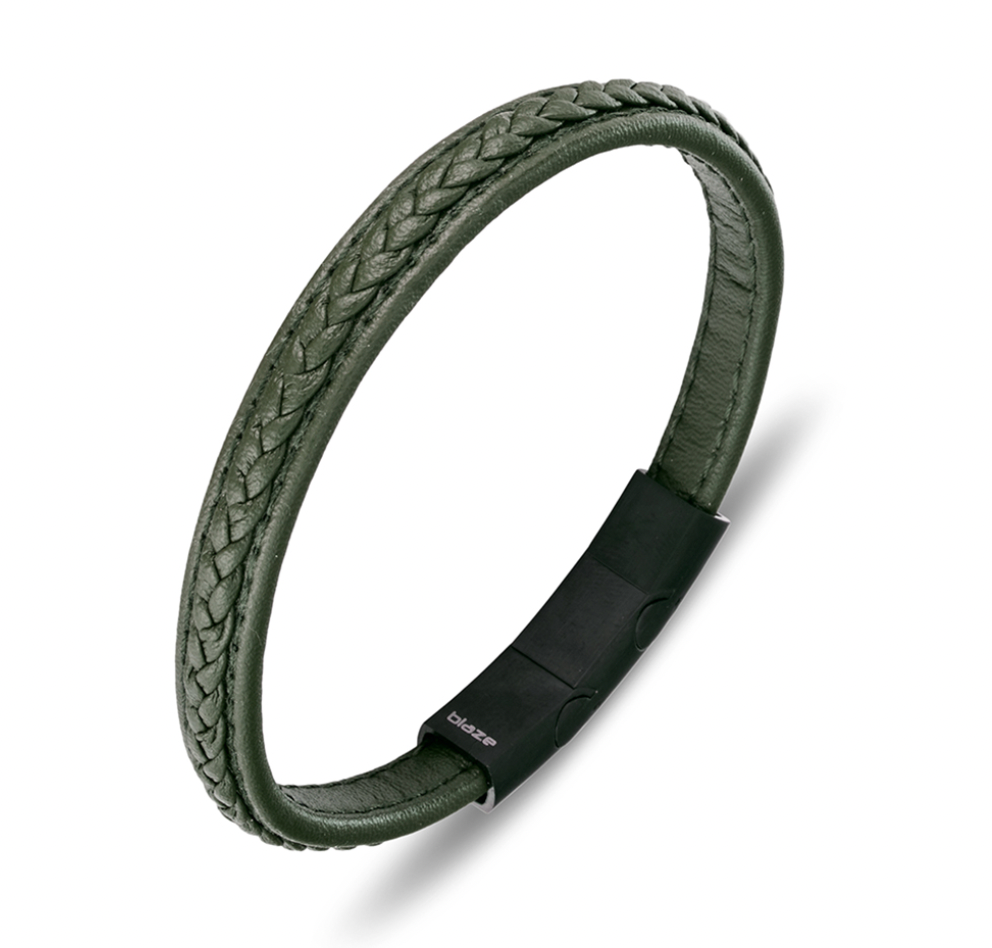 Bracelet - Blaze Stainless Steel Men's Green Leather Bangle