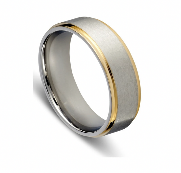 Men Rings - Stainless Steel Brushed with Gold Detailing