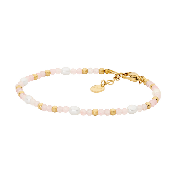 Rose Quartz Beads with Freshwater Pearls, Gold Stainless Steel Bracelet