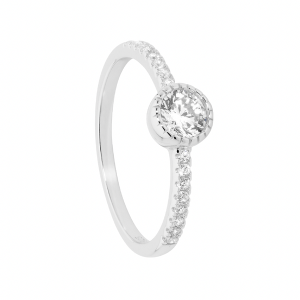 Ring - Solitaire Bezel Set with White CZ Silver Band