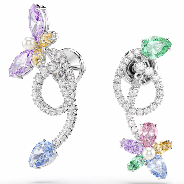 2026 Capsule Ariana Grande: Dragonfly/Flower Multicoloured Mixed Cuts Crystals Silver Drop Earrings with Ear Jacket