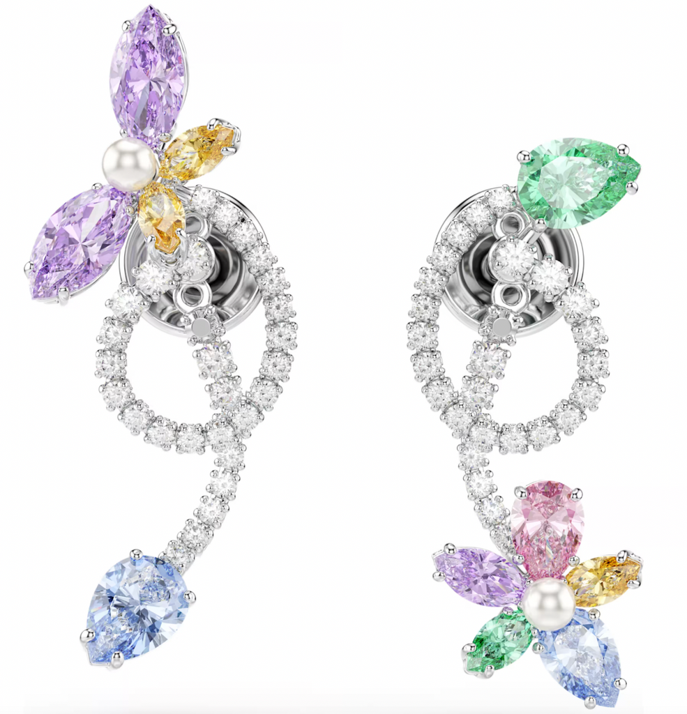 2026 Capsule Ariana Grande: Dragonfly/Flower Multicoloured Mixed Cuts Crystals Silver Drop Earrings with Ear Jacket