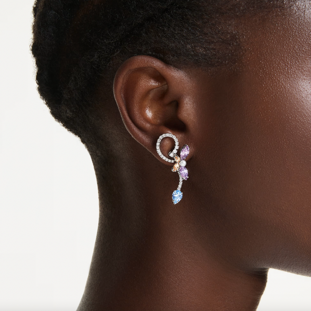 2026 Capsule Ariana Grande: Dragonfly/Flower Multicoloured Mixed Cuts Crystals Silver Drop Earrings with Ear Jacket