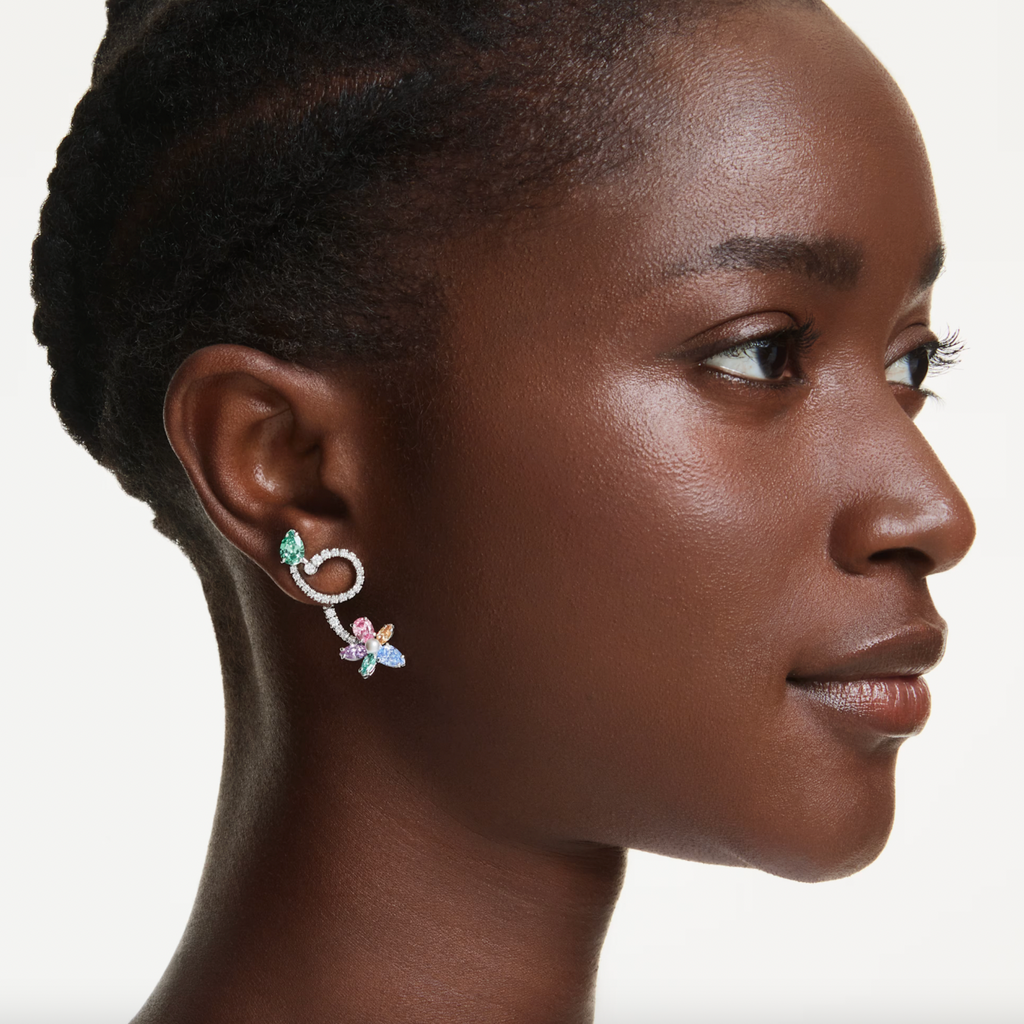 2026 Capsule Ariana Grande: Dragonfly/Flower Multicoloured Mixed Cuts Crystals Silver Drop Earrings with Ear Jacket