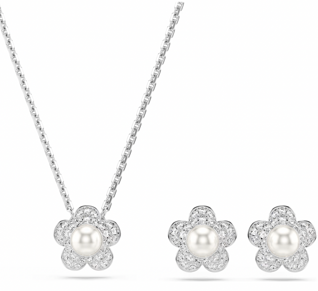 2026 Capsule Ariana Grande: Flower Crystal Pearl & White Round Cut Crystals Silver Necklace & Earring Set