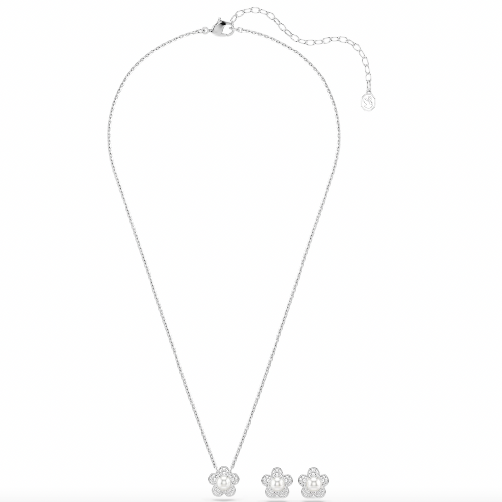 2026 Capsule Ariana Grande: Flower Crystal Pearl & White Round Cut Crystals Silver Necklace & Earring Set
