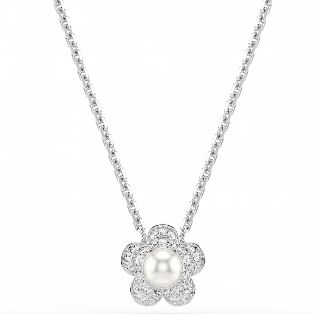 2026 Capsule Ariana Grande: Flower Crystal Pearl & White Round Cut Crystals Silver Necklace & Earring Set