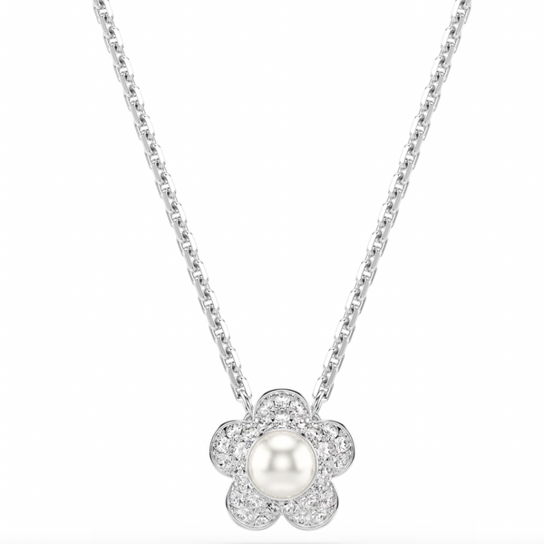 2026 Capsule Ariana Grande: Flower Crystal Pearl & White Round Cut Crystals Silver Necklace & Earring Set