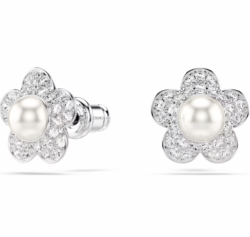 2026 Capsule Ariana Grande: Flower Crystal Pearl & White Round Cut Crystals Silver Necklace & Earring Set
