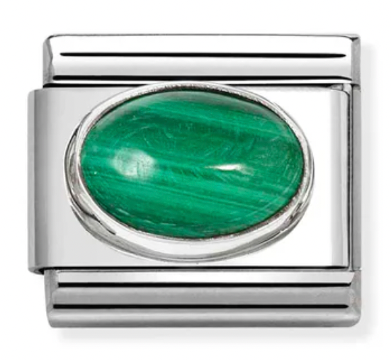 Hard Stone - Oval Malachite Stone Silver Charm