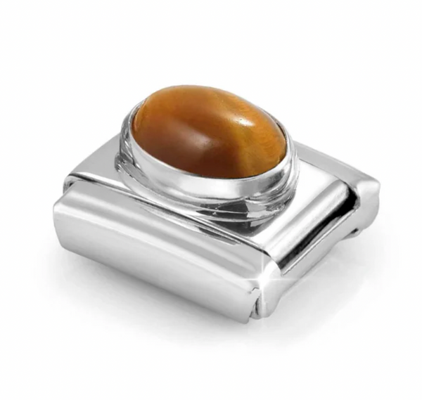 Hard Stone - Oval Tiger Eye Stone Silver Charm