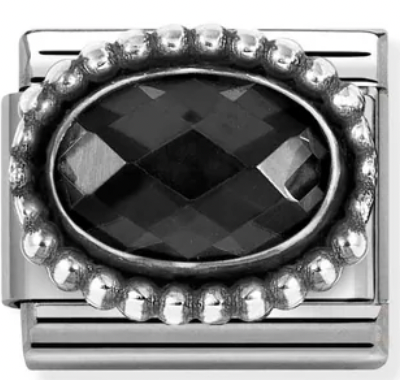 Gemstones - Oval Black Faceted CZ Oxidised Silver Charm
