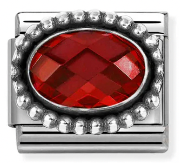 Gemstones - Oval Red Faceted CZ Oxidised Silver Charm
