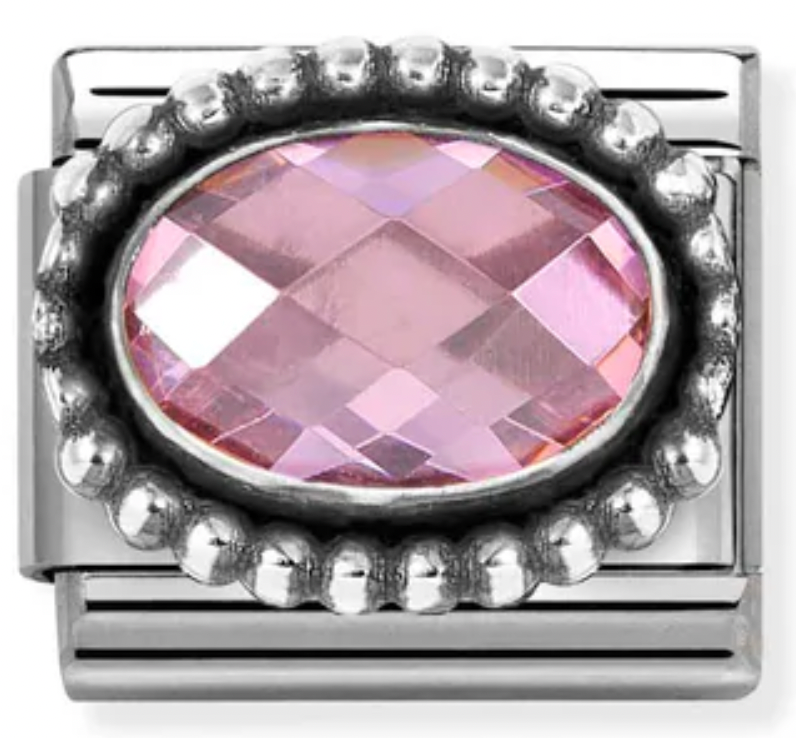 Gemstones - Oval Pink Faceted CZ Oxidised Silver Charm
