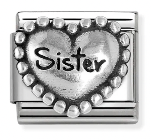 Family - Sister Heart with Dots Oxidised Silver Charm