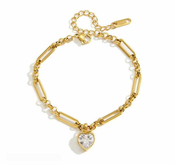 Seren Stainless Steel Gold Plated Mixed Link Bracelet with Bezel Set CZ Heart