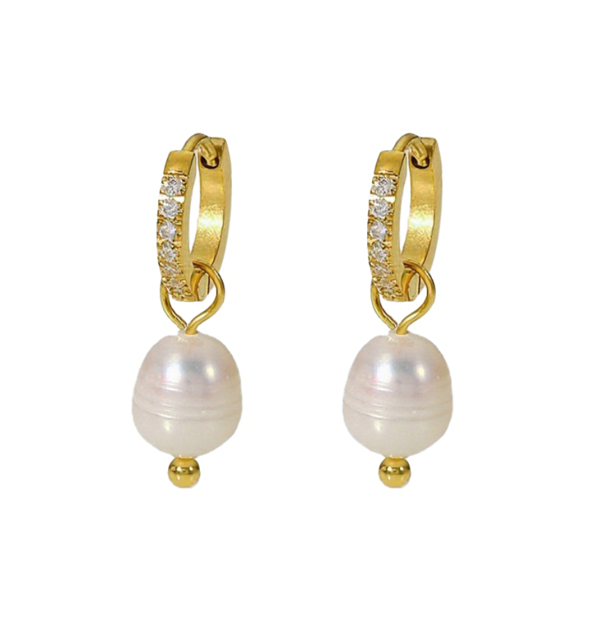 Seren Stainless Steel Gold Plated CZ Mini Huggie Earrings with Pearl Drop