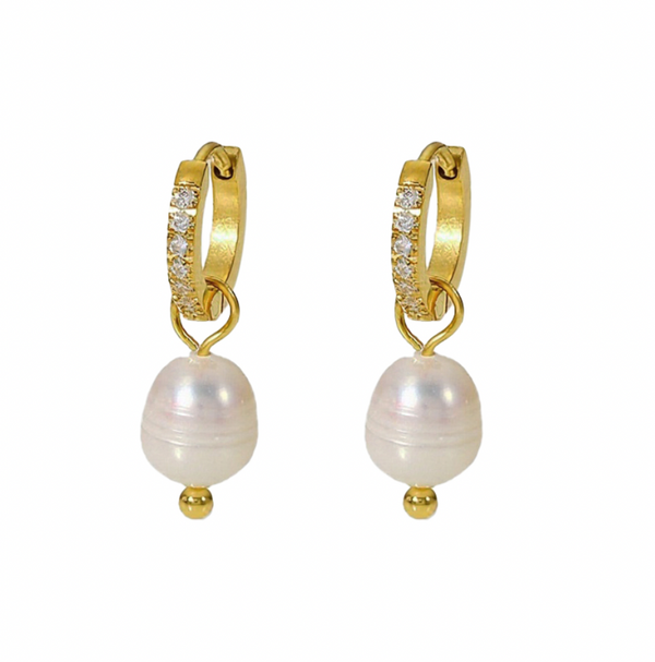 Seren Stainless Steel Gold Plated CZ Mini Huggie Earrings with Pearl Drop