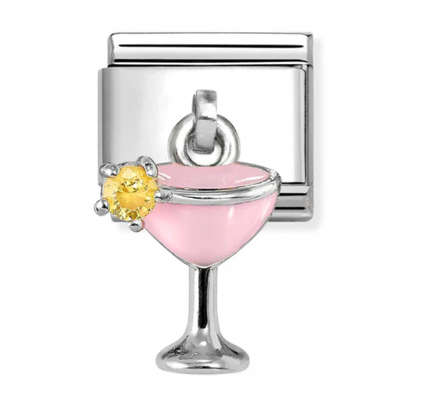 Food & Drinks - Pink Cocktail with Yellow CZ Dangle Silver Charm