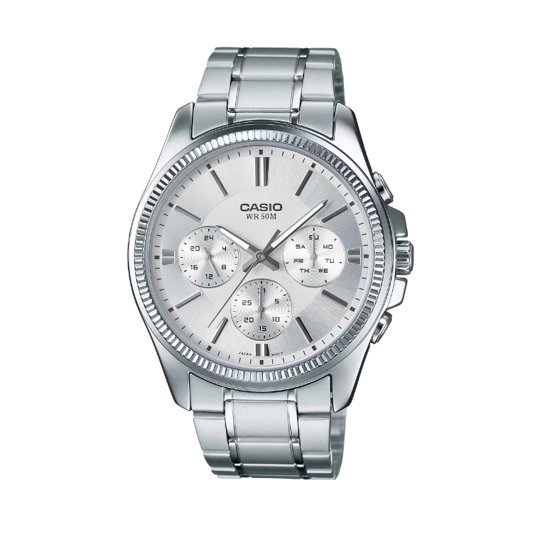 Casio Analogue White Face, Stainless Steel Band Watch